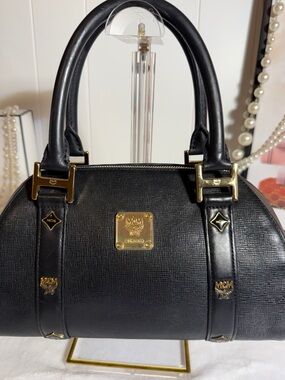 MCM Vintage Black Leather Boston Satchel Barrel Bag Made in Korea Authentic